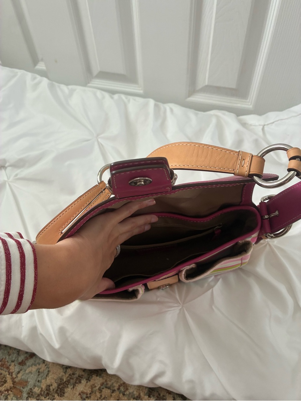 Coach Pink Striped Shoulder Bag with Tan Trim - Picture 6 of 6